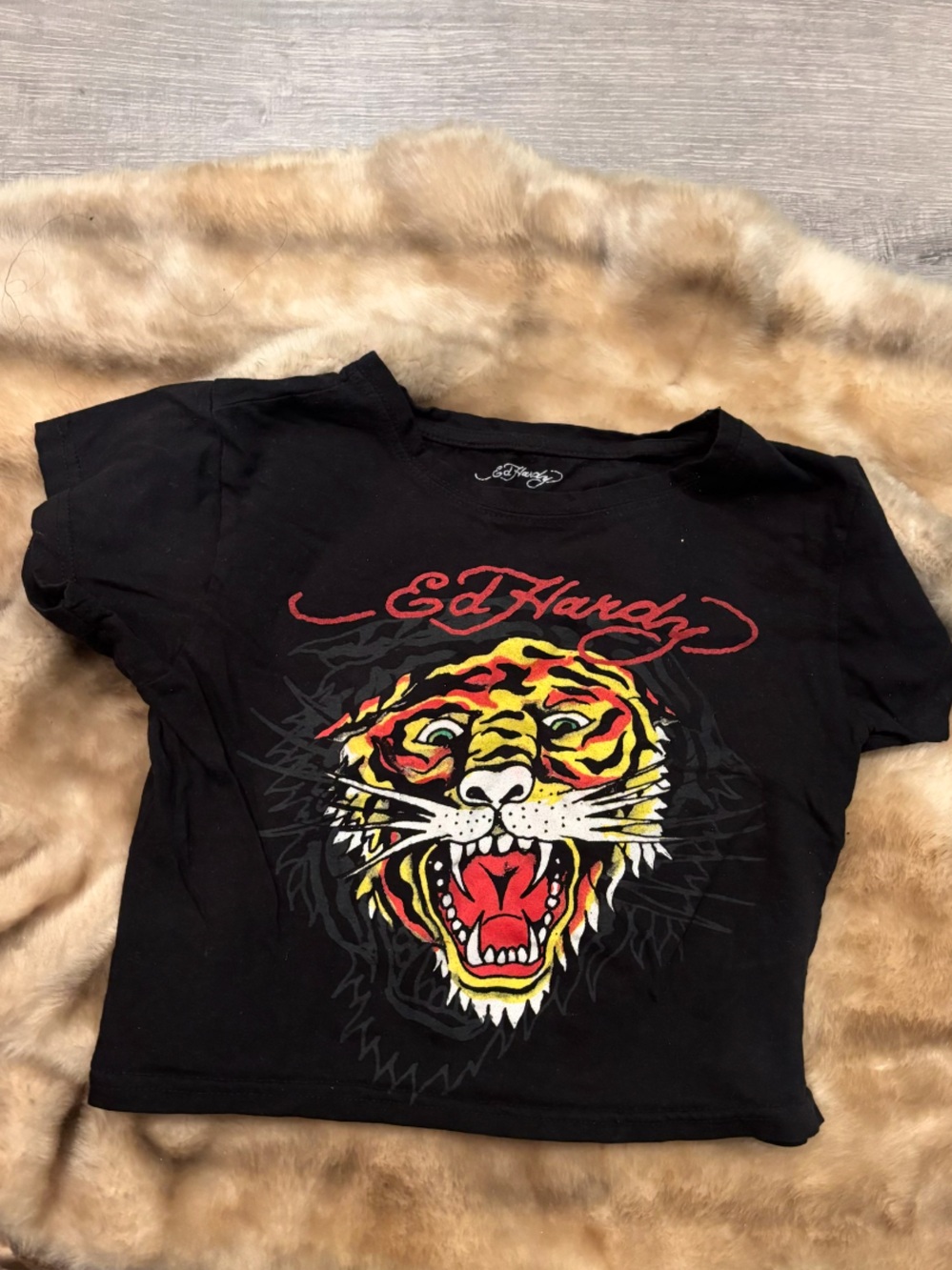 Ed Hardy Black Tee with Red and Yellow Tiger Graphic